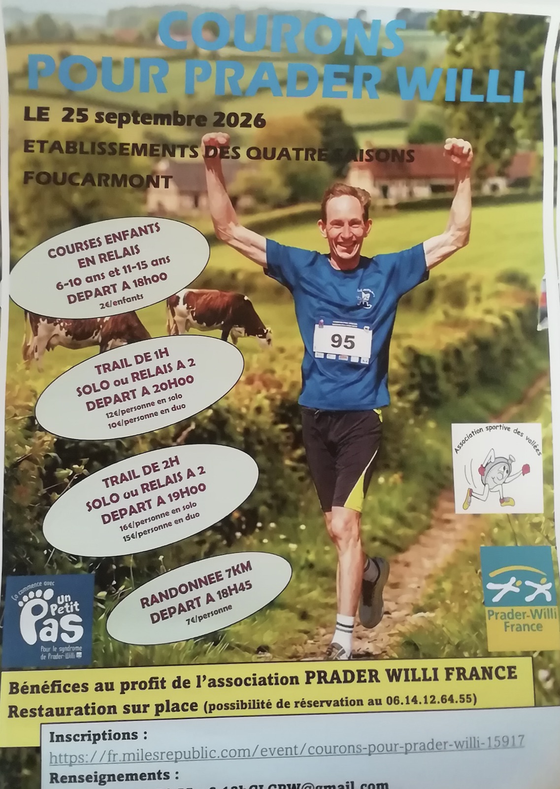 Affiche de « Courons pour Prader-Willi », le 25 septembre 2026 aux Établissements des Quatre Saisons à Foucarmont : courses enfants en relais, randonnée de 7 km, trails d'1 h et de 2 h, au profit de Prader-Willi France