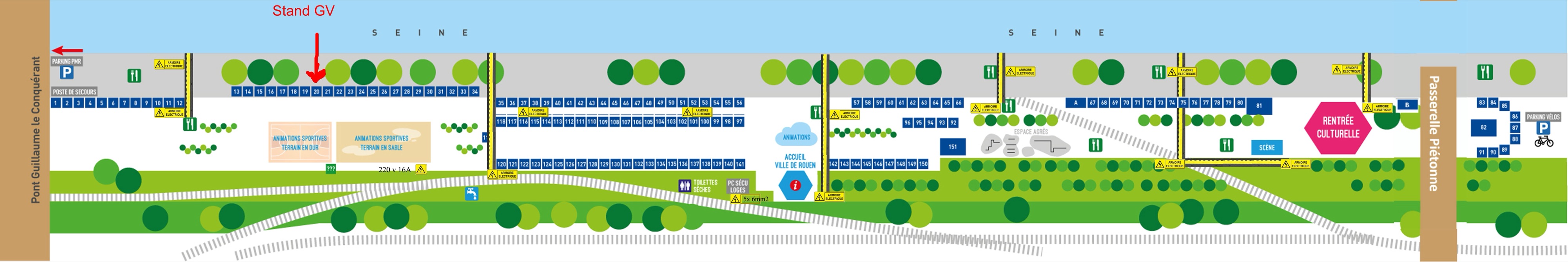 Plan du Forum des associations de Rouen 2026 : emplacement de notre stand n° 20, repéré « Stand GV », le long de la Seine
